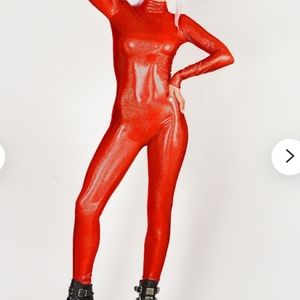 Red holographic sparkle spandex jumpsuit